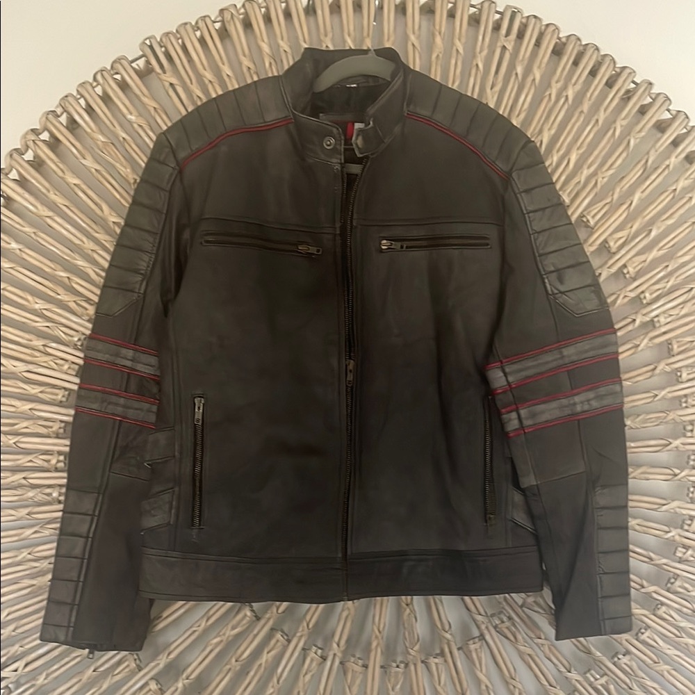Men's Black Leather Jacket with Red Accents